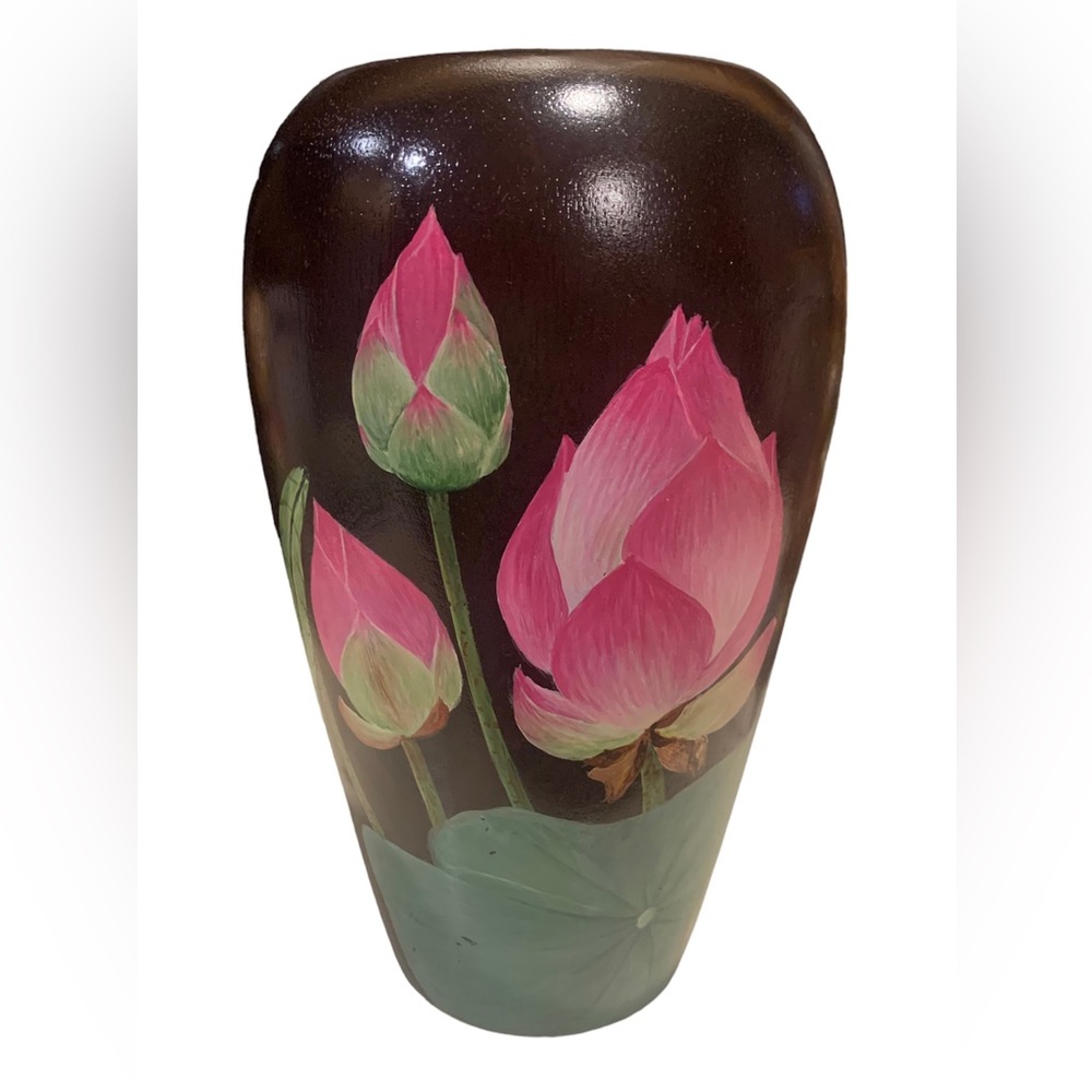 Wooden Vase HandPainted Floral Pattern Pink & Green Signed 8.5” Tall